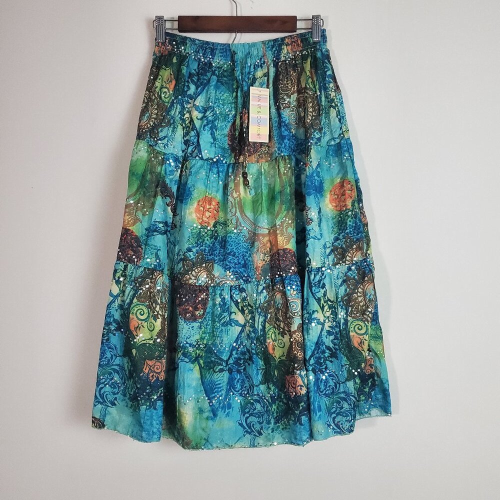 Women's Boho Chic Midi Skirt Medium Green Sequins Maximalist Artsy Floral Hippie